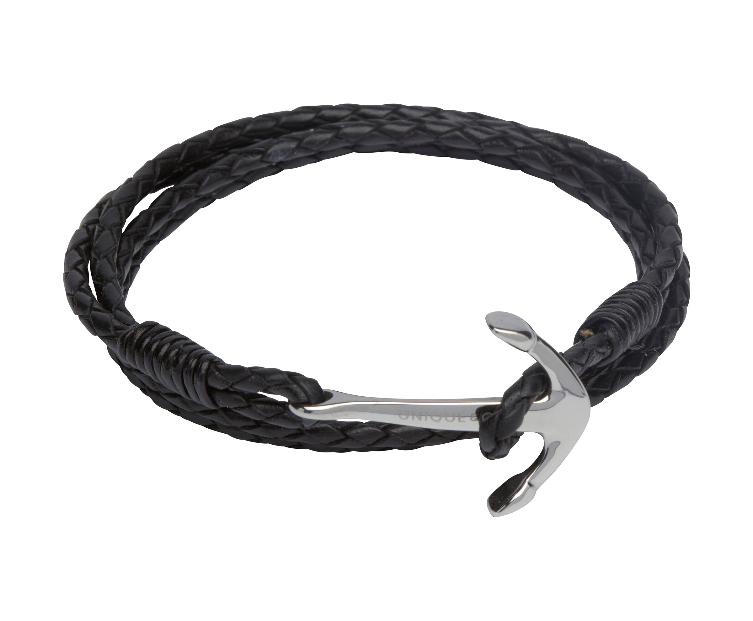 Mens Unique &amp; Co Black Leather Bracelet
