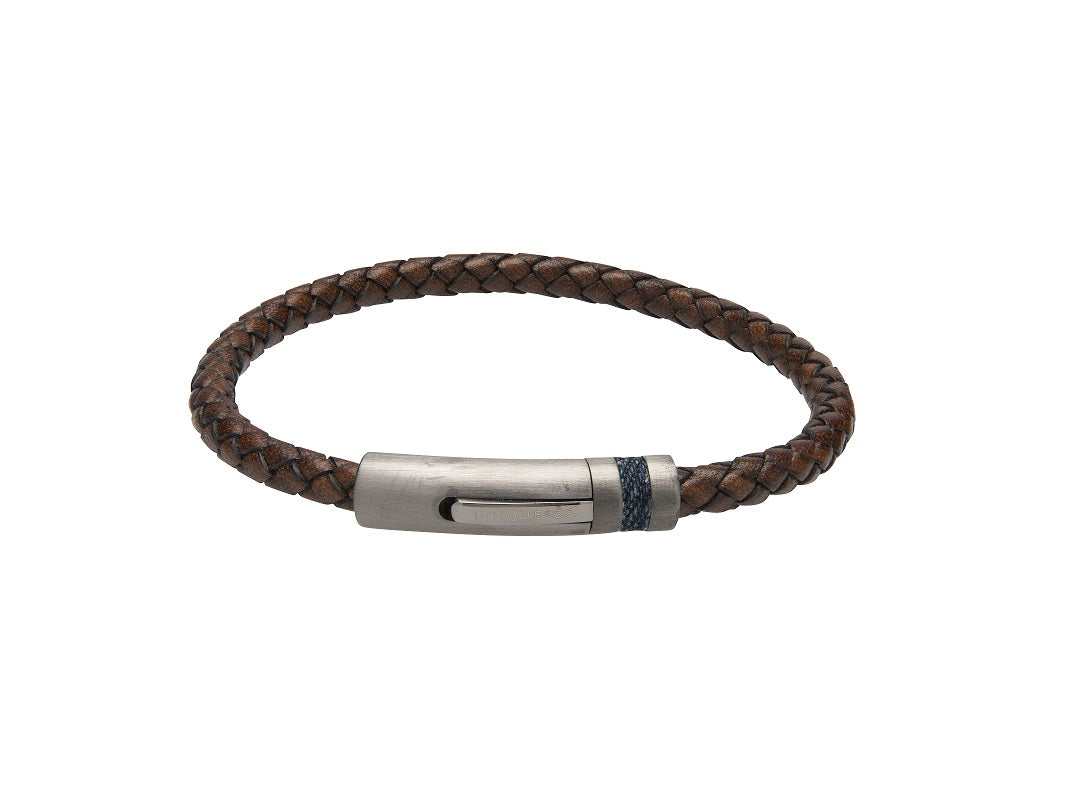 Mens Unique &amp; Co Brown Leather with Steel &amp; Denim Inlay Bracelet