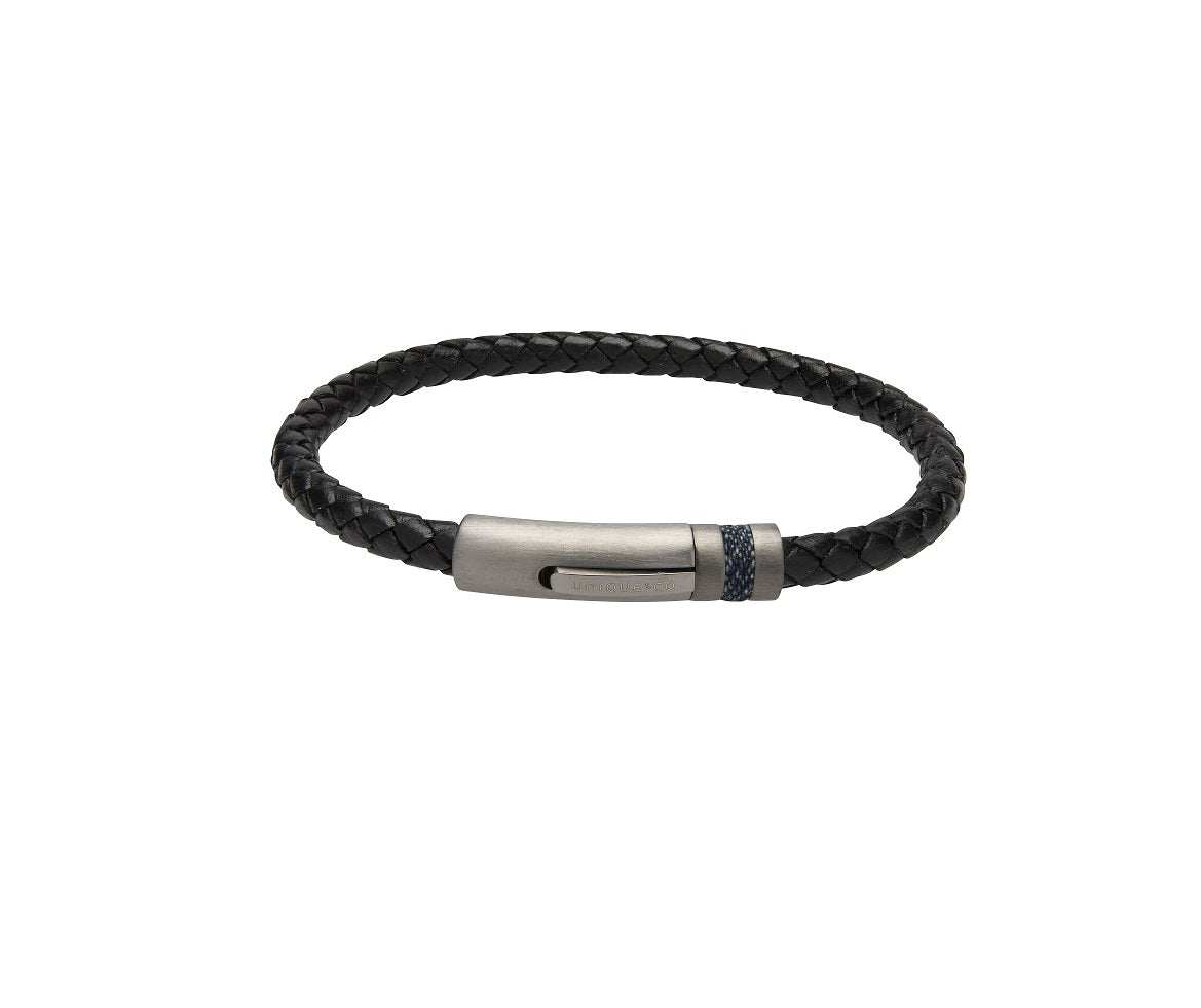 Mens Unique &amp; Co 21cm Black Leather with Steel &amp; Denim Inlay Bracelet