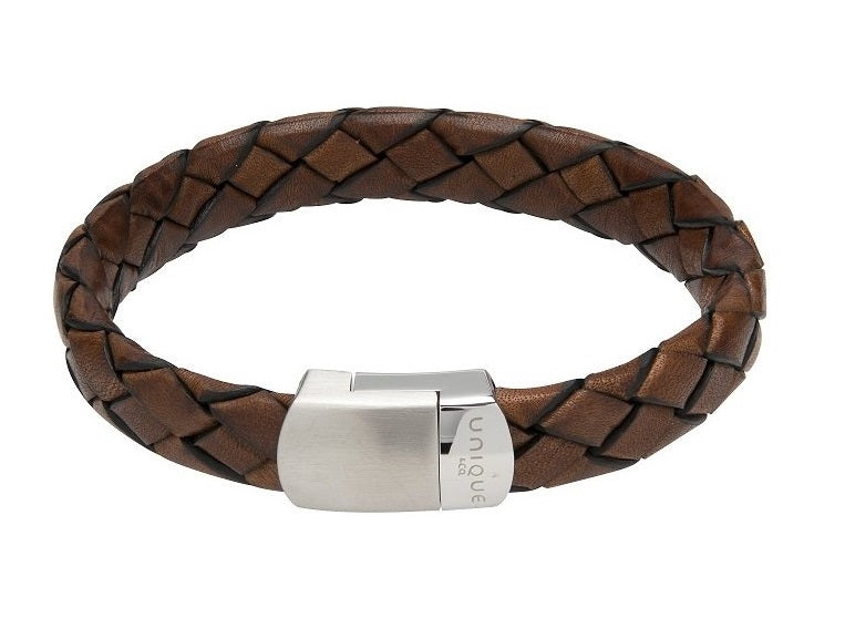 Mens Unique &amp; Co Flat Antique Dark Brown Leather Bracelet