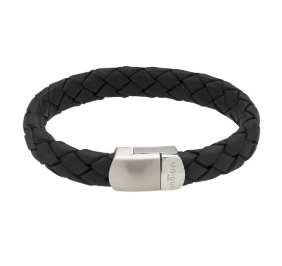 Mens Unique &amp; Co Flat Black Leather Bracelet