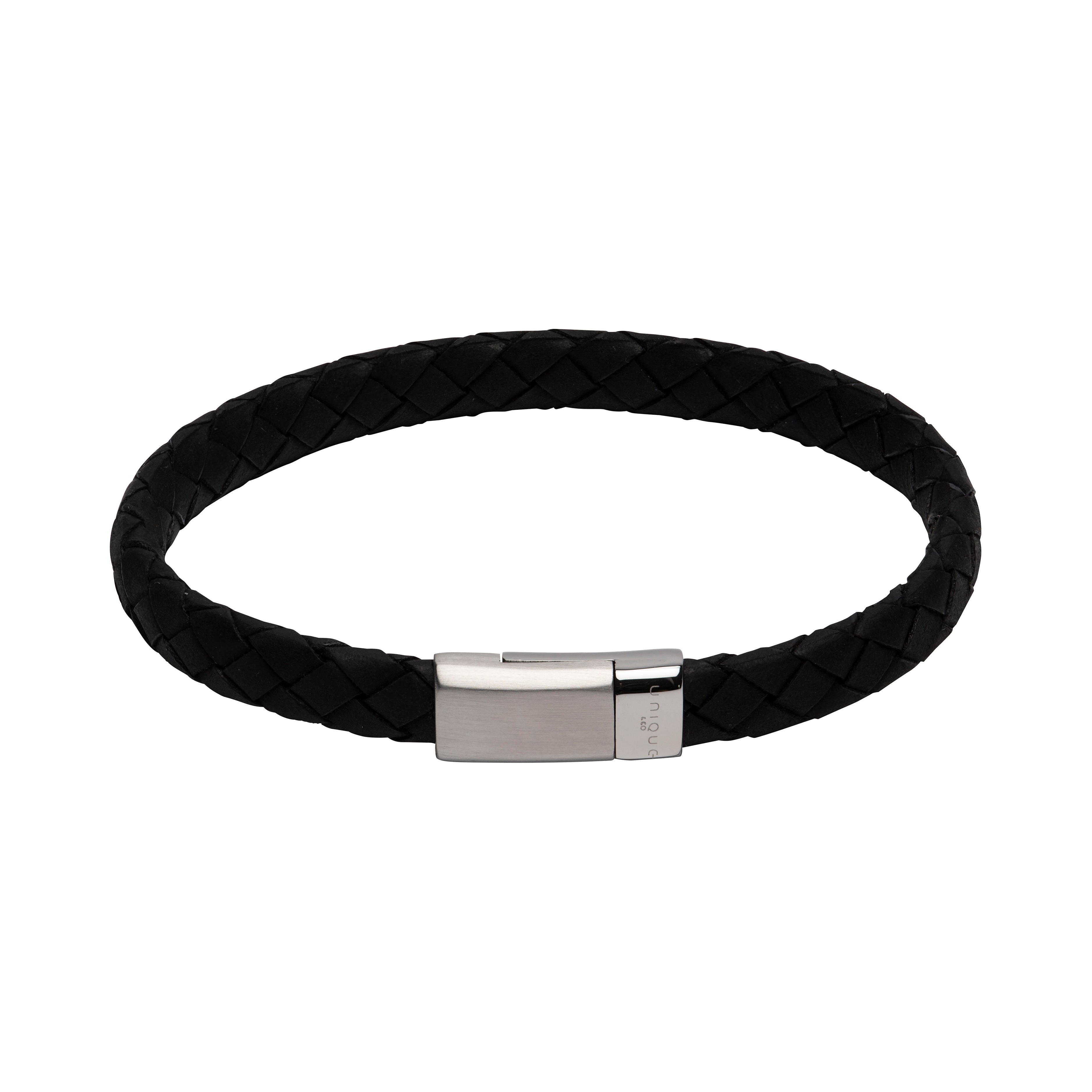 Mens Unique &amp; Co Flat Black Leather Bracelet