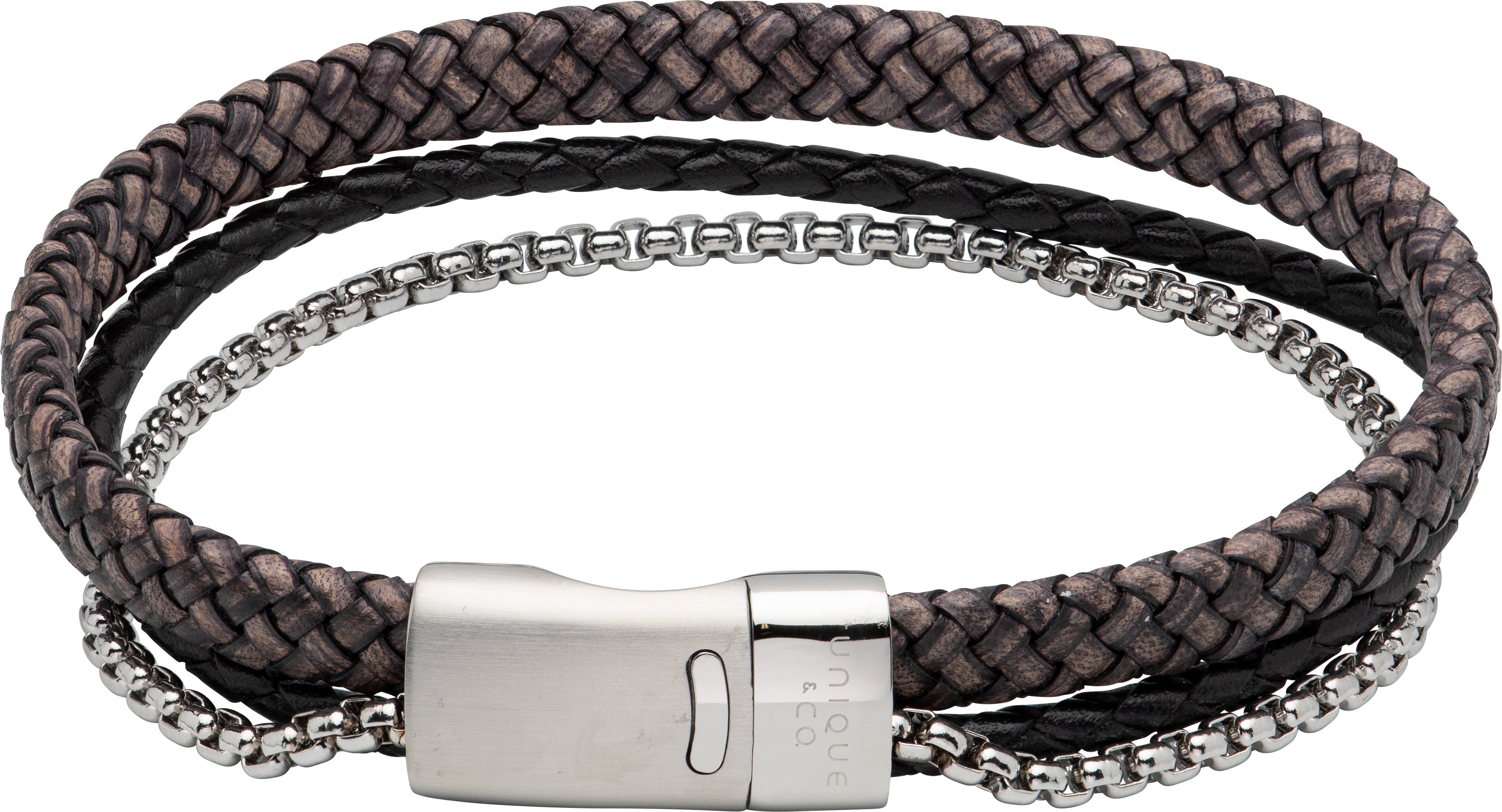Mens Unique &amp; Co 21cm Black Leather &amp; Chain Bracelet