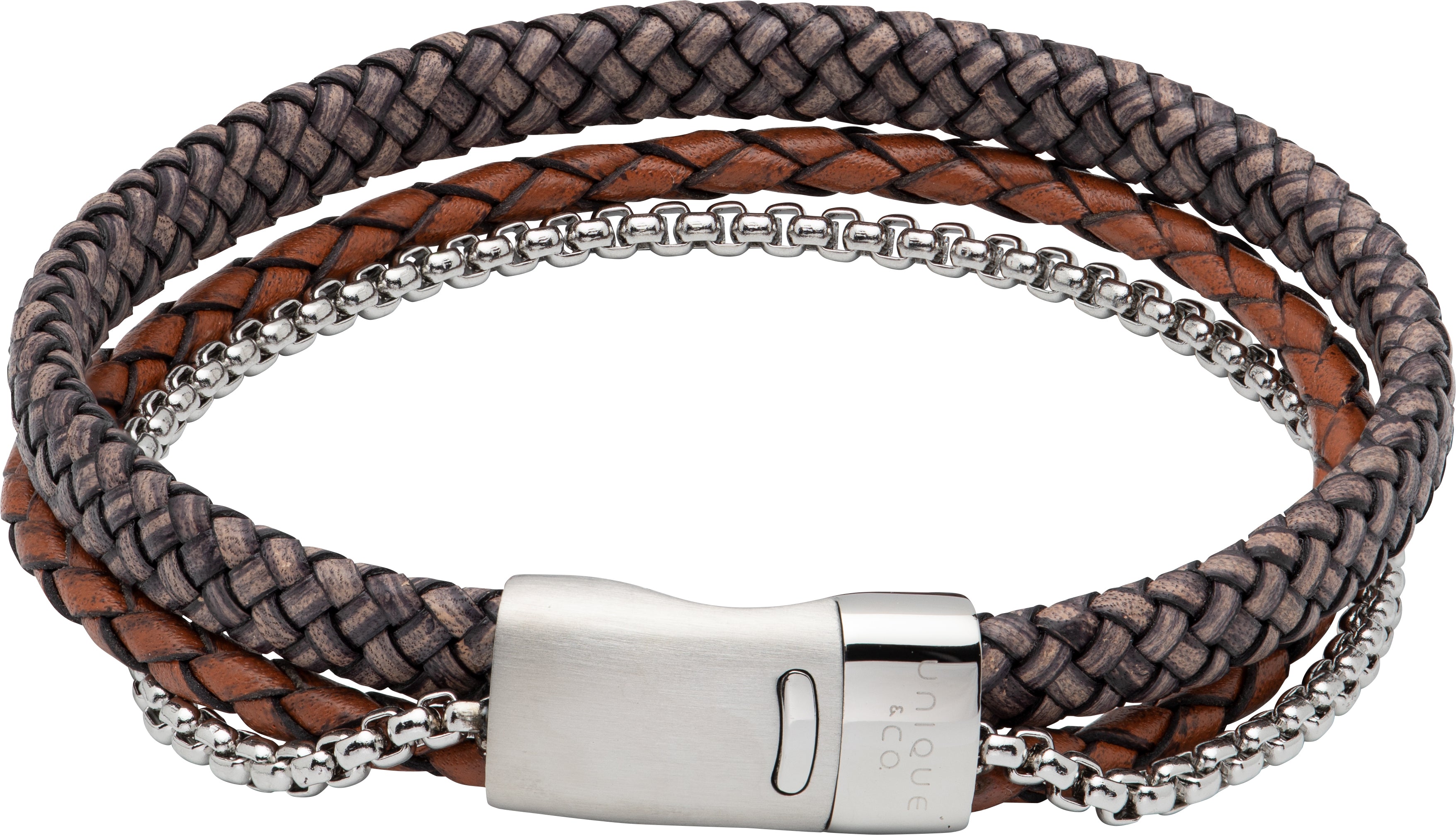 Mens Unique &amp; Co Brown Leather &amp; Chain Bracelet