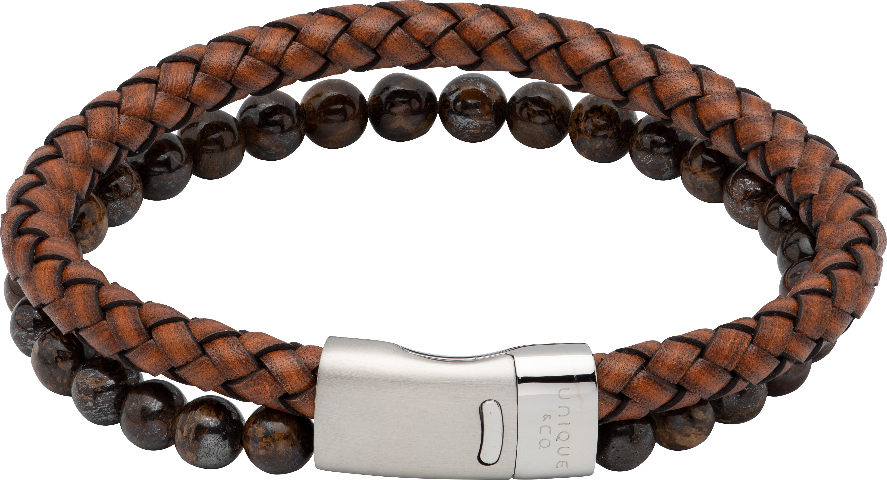 Mens Unique &amp; Co Brown Leather &amp; Tiger Eye Stone Bracelet