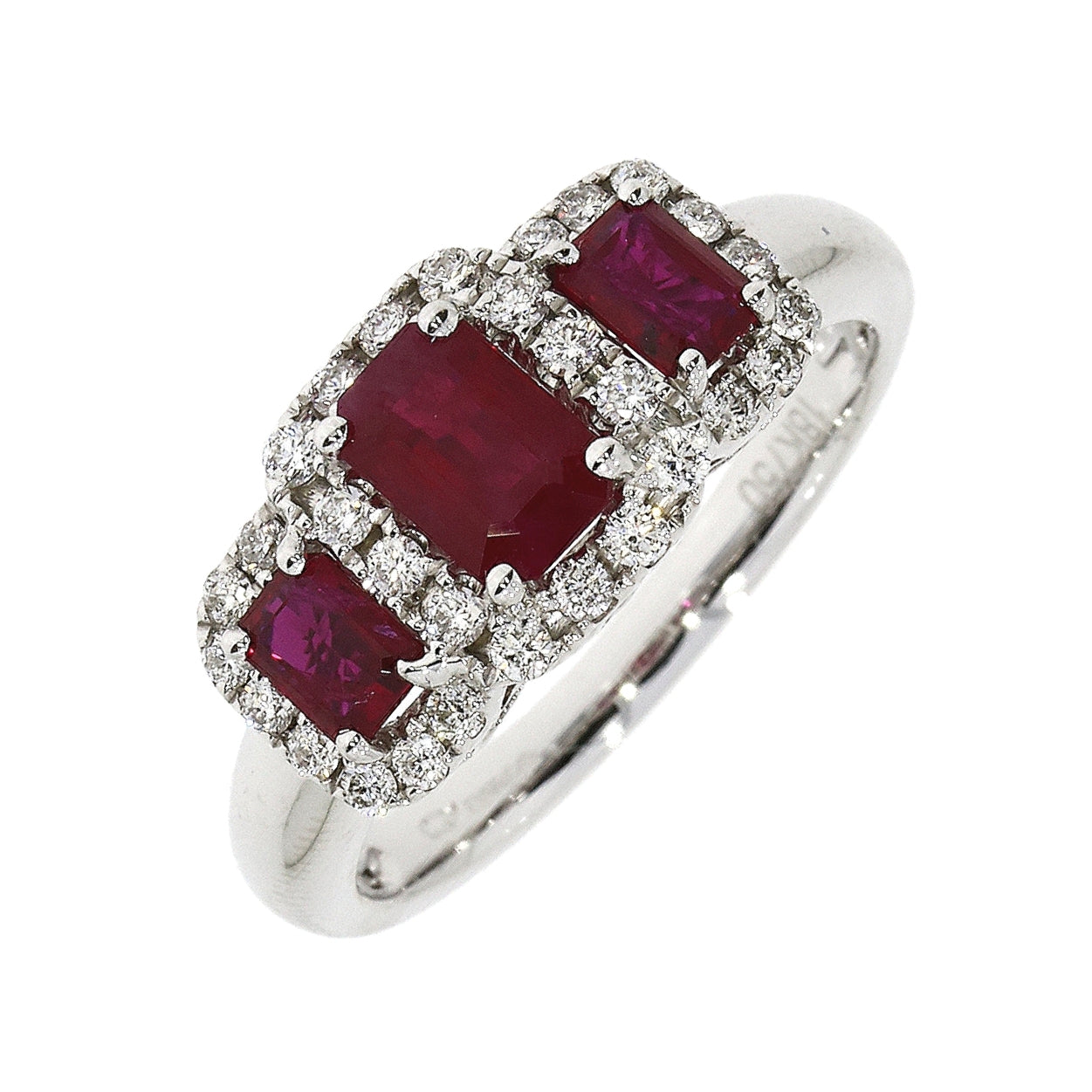 18ct White Gold Ruby &amp; Diamond Triple Cluster Ring