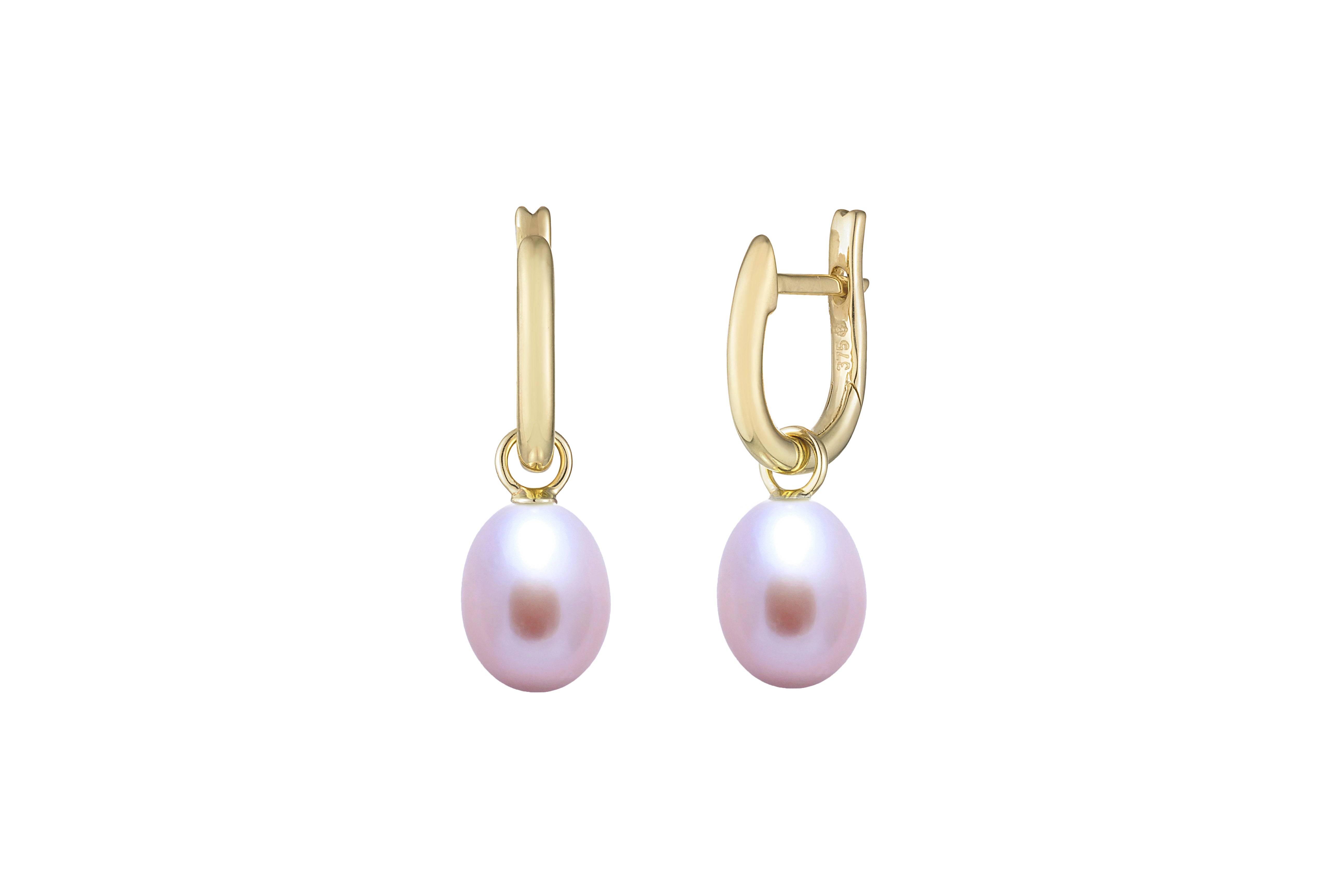 9ct Yellow Gold 7.5mm Pink Pearl Huggy Hoop Earrings