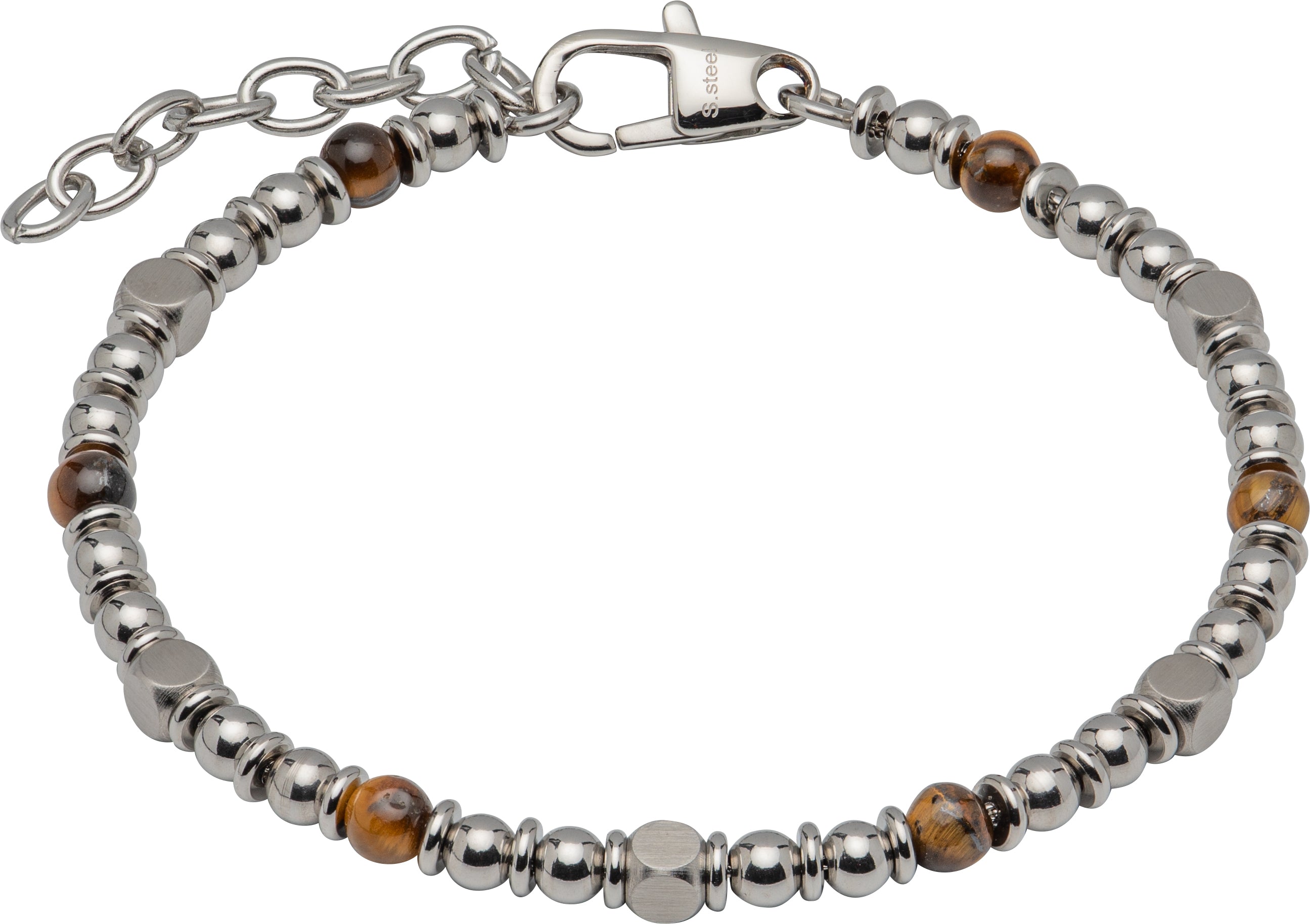 Mens Unique &amp; Co Steel &amp; Tiger Eye Bead Bracelet