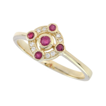 9ct Yellow Gold Ruby & Diamond Vintage Style Cluster Ring