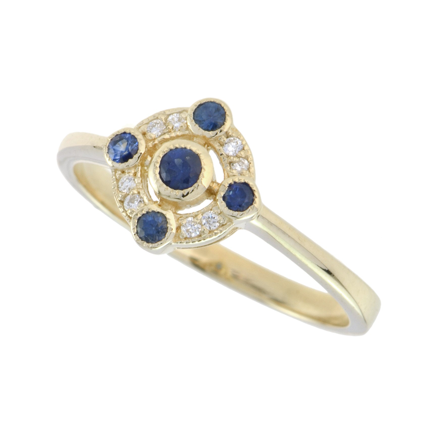 9ct Yellow Gold Sapphire &amp; Diamond Vintage Style Cluster Ring