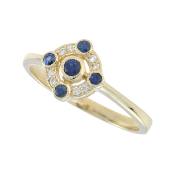9ct Yellow Gold Sapphire & Diamond Vintage Style Cluster Ring