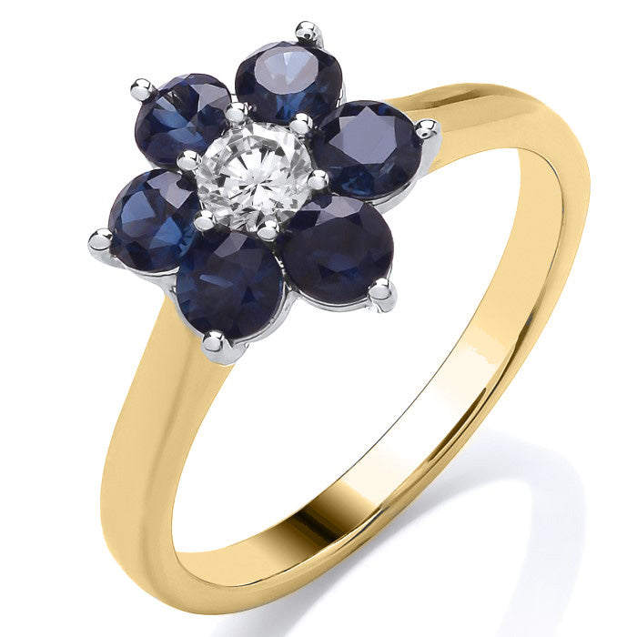 18ct Yellow Gold 0.25ct Daisy Sapphire &amp; Diamond Cluster Ring