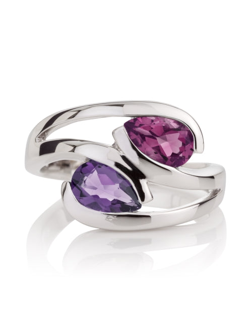 Sterling Silver Manja Amethyst &amp; Rhodolite Garnet Love Birds Ring