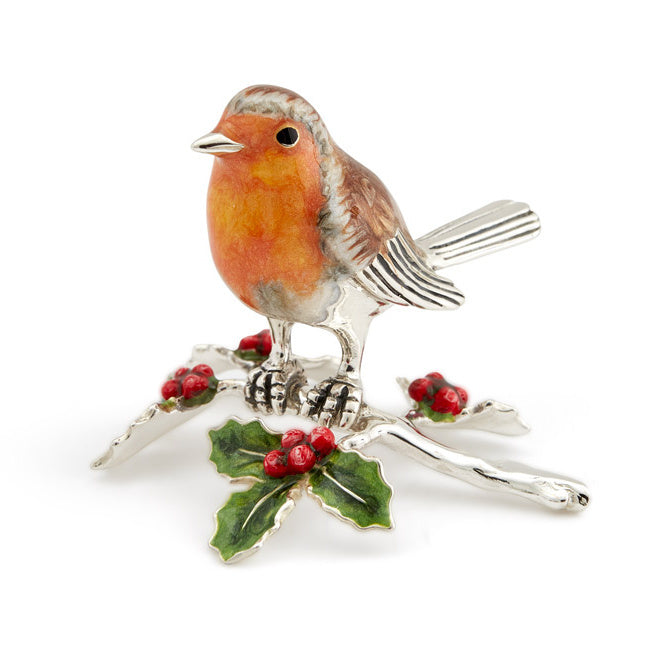 Silver and Enamel Robin on Holly Branch