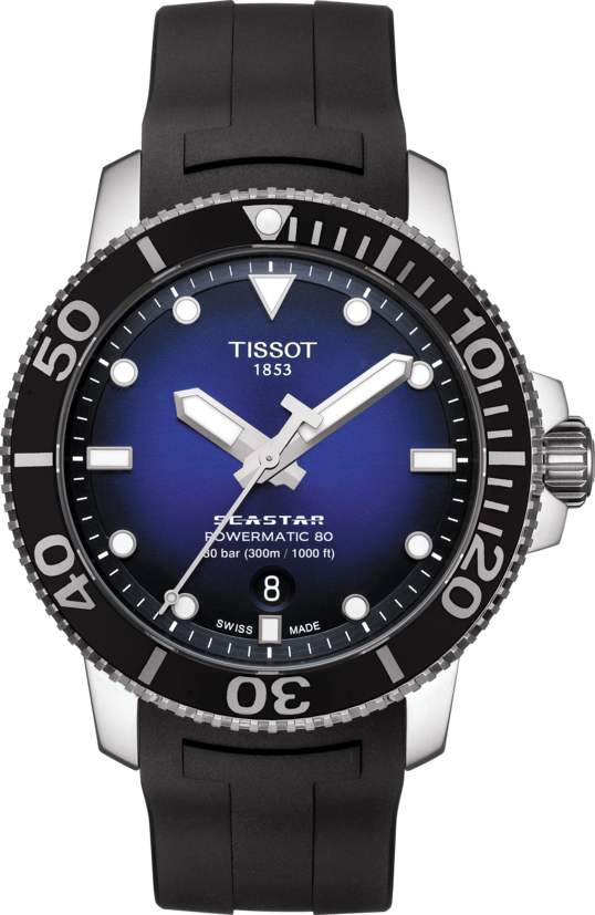 Mens Steel Tissot Seastar 1000 Powermatic 80 Watch on Rubber Strap