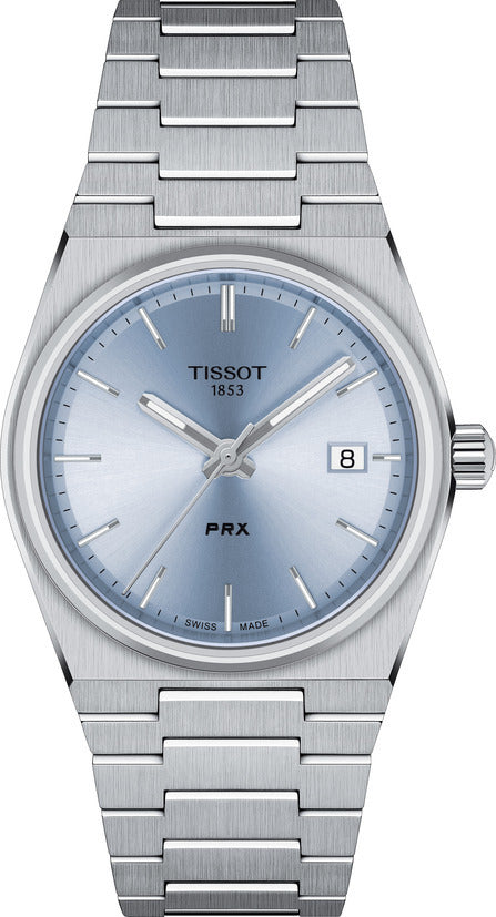 Mid Size Steel Tissot Light Blue PRX 35mm Watch on Bracelet