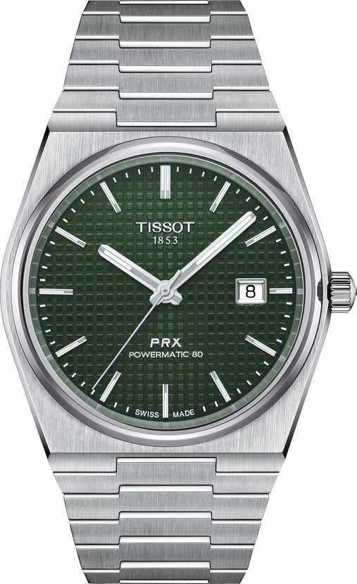 Mens Steel Tissot Green PRX Powermatic 80 Watch on Bracelet