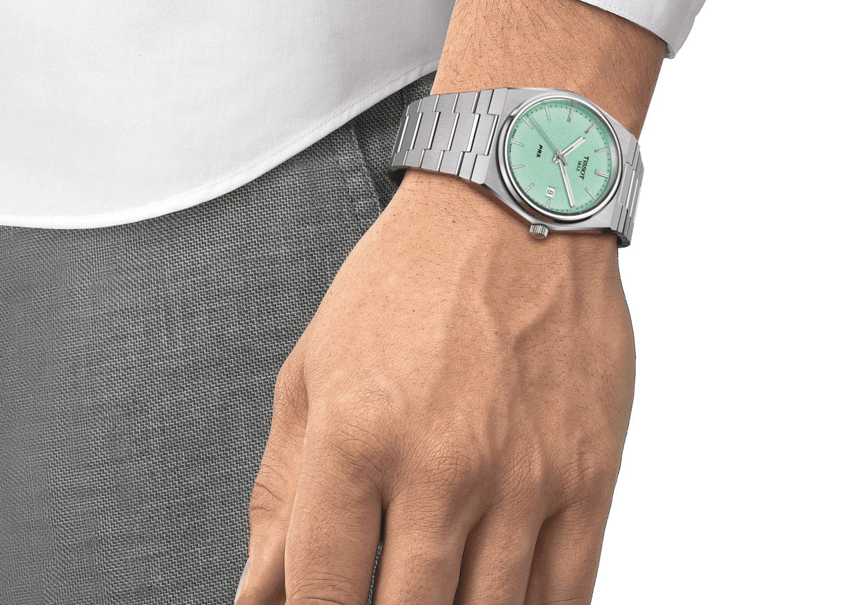 Mens Steel Tissot Mint Green PRX Watch on Bracelet