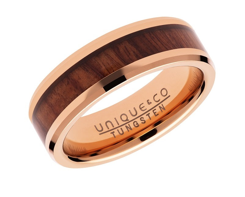 Mens Unique &amp; Co Tungsten Carbide Wood Inlay Ring