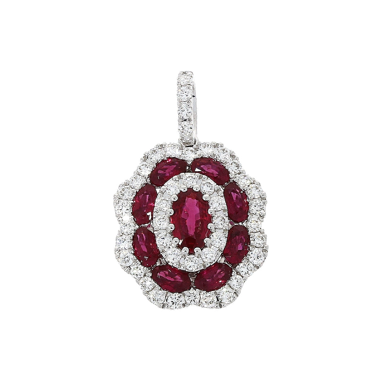 18ct White Gold Ruby &amp; Diamond Cluster Necklace