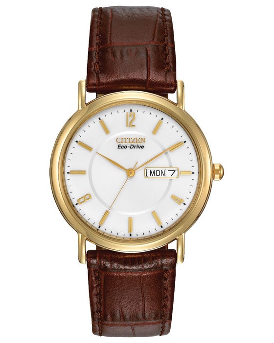 Mens Gold Tone Citizen Eco Drive Day &amp; Date Watch on Leather Strap
