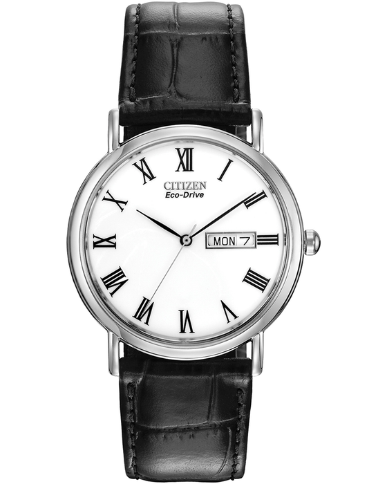 Mens Steel Citizen Eco Drive Day &amp; Date Watch on Leather Strap