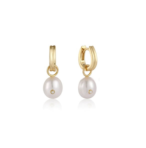 Gold Vermeil Ania Haie Pearl Drop Sparkle Huggie Hoop Earrings