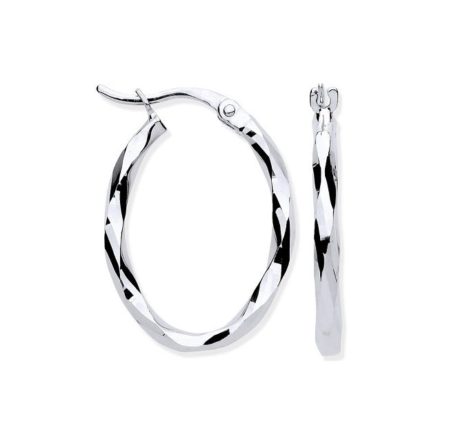 9ct White Gold Twist Design Oval Hoop Earrings