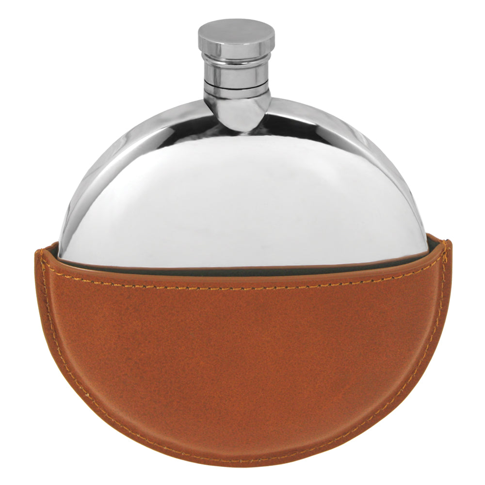 5.5oz Round Pewter Hip Flask with Leather Pouch
