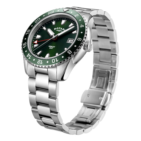 Mens Steel Rotary Henley Green GMT Watch on Bracelet