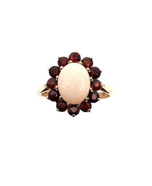 Pre Owned 9ct Yellow Gold Opal &amp; Garnet Cluster Ring