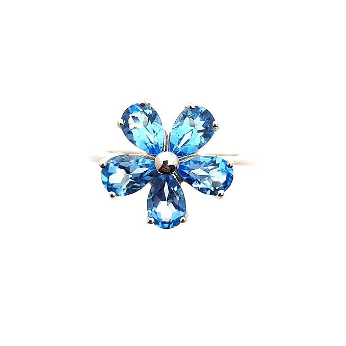 9ct White Gold Blue Topaz Flower Ring