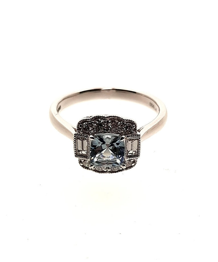 Platinum Vintage Style Aquamarine &amp; Diamond Cluster Ring