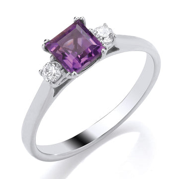 9ct White Gold 3 Stone Amethyst & Diamond Ring