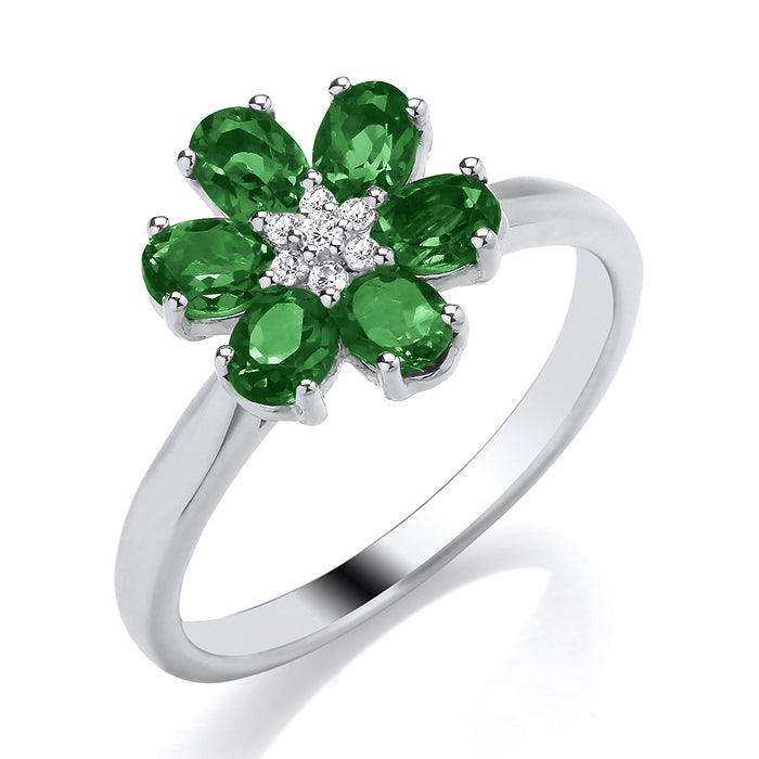 9ct White Gold Green Tourmaline and Diamond Flower Ring