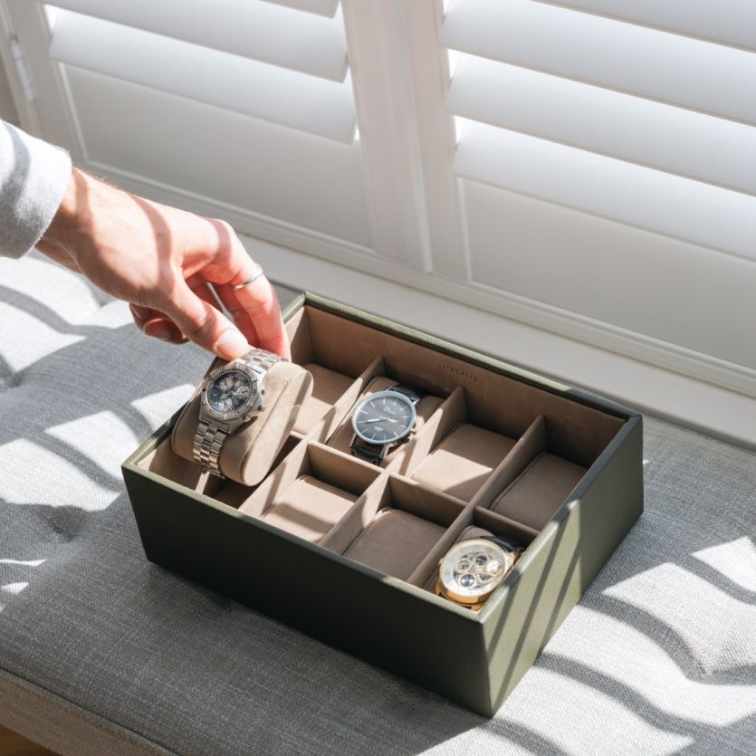 Olive Green 8 Piece Watch Box with Acrylic Lid