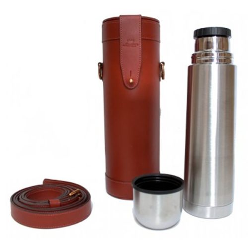 Tan Leather Thermos Flask and Carry Case